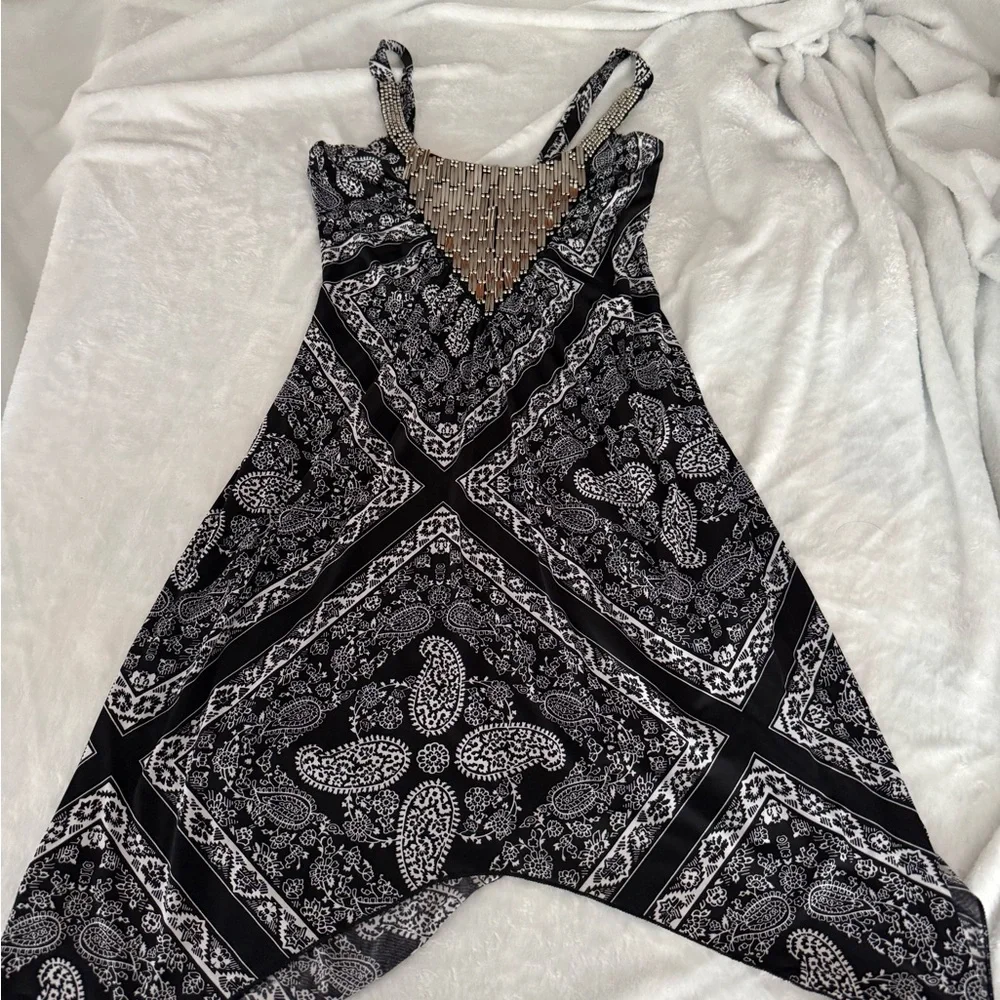 Venus Paisley Bandana Print Beaded Black White Sleeveless Dress XS - Picture 2 of 7